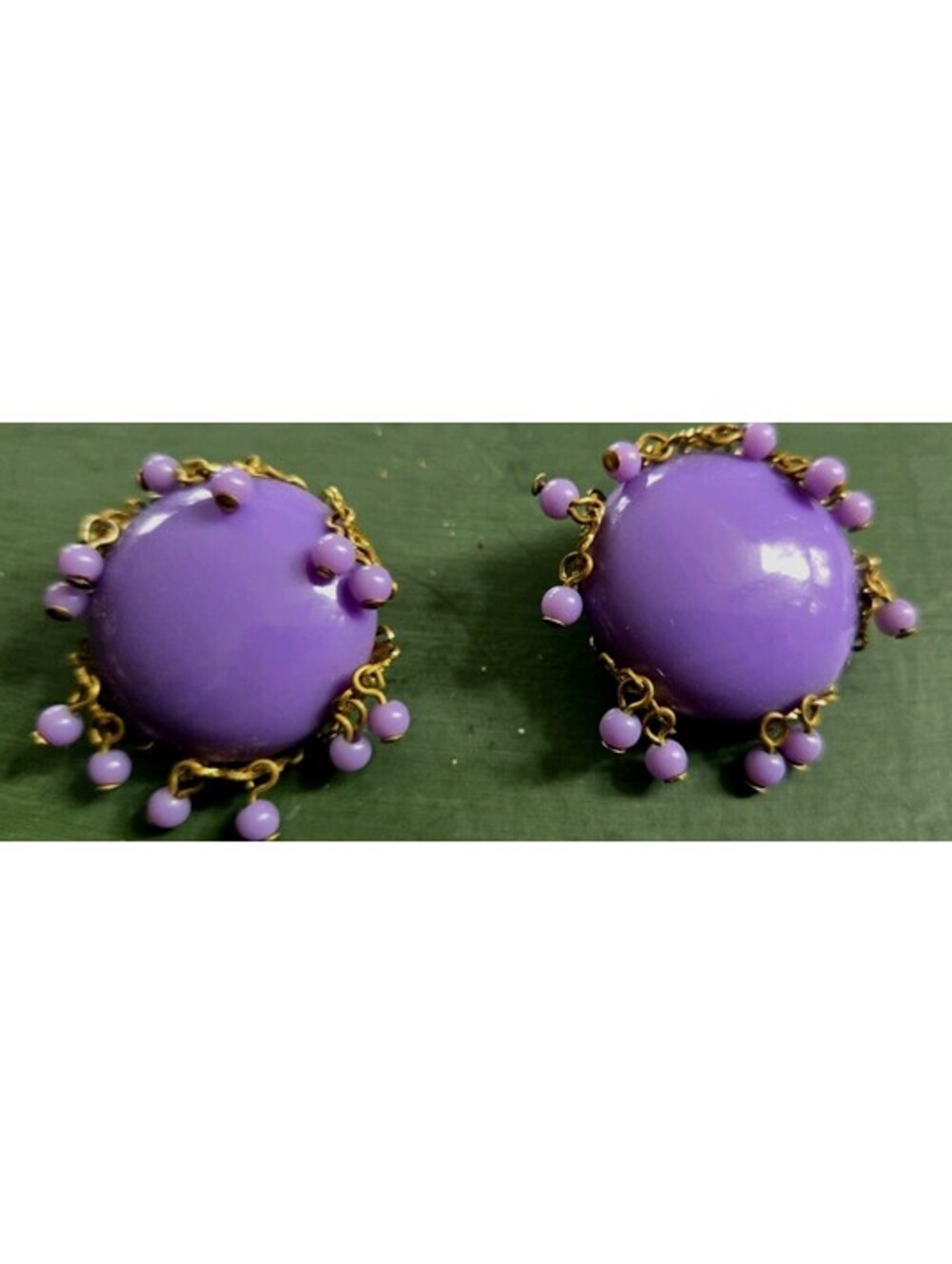 Vintage Lucite Rich Purple Cabachon & Small Beads  GoldTone  Clip On Earring